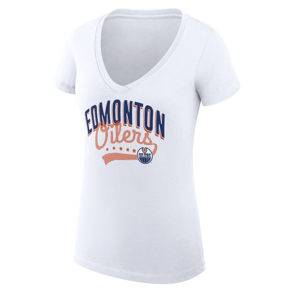 Edmonton Oilers - G-III 4Her by Carl Banks Women's Super-Slim Fit Lightweight Filigree Logo V-Neck T-Shirt – White