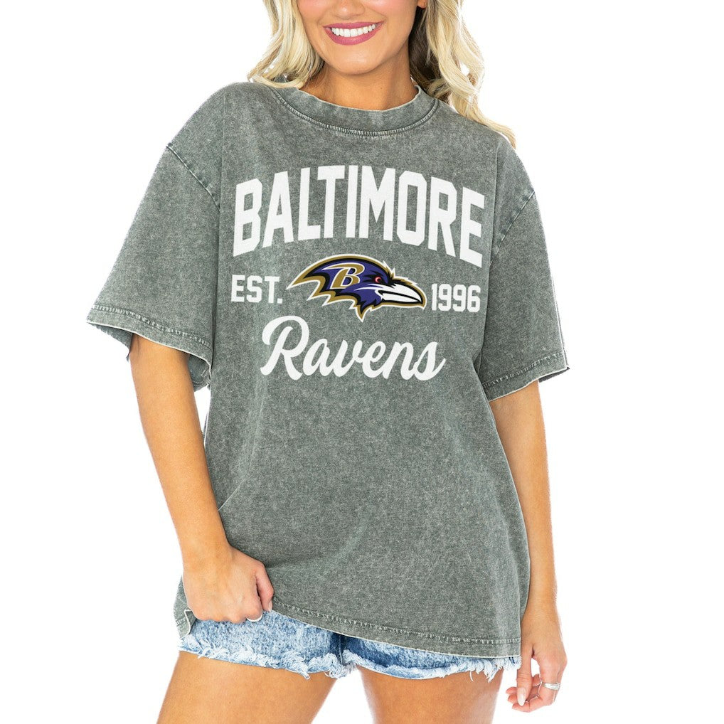 Baltimore Ravens Gameday Couture Women's Tackle Titan Boyfriend Washed T-Shirt Gray - NFL