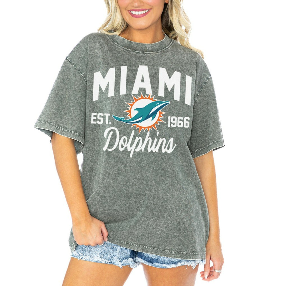 Miami Dolphins Gameday Couture Women's Tackle Titan Boyfriend Washed T-Shirt Gray - NFL