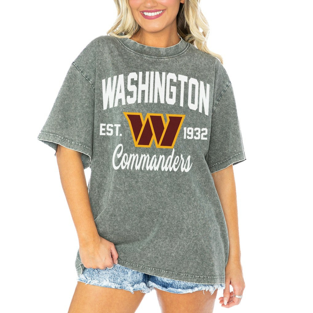 Washington Commanders Gameday Couture Women's Tackle Titan Boyfriend Washed T-Shirt Gray - NFL