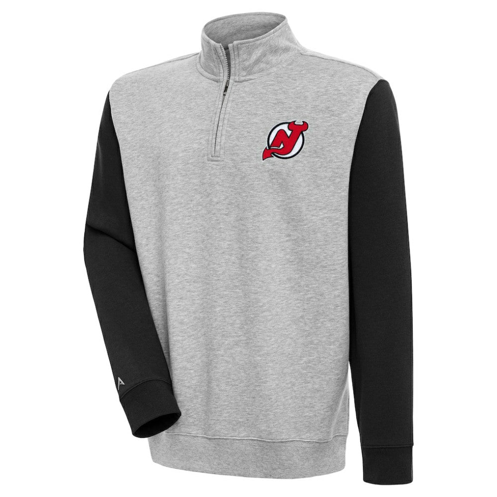 New Jersey Devils - Antigua Victory Colorblock Quarter-Zip Pullover Top Heather Gray/Black