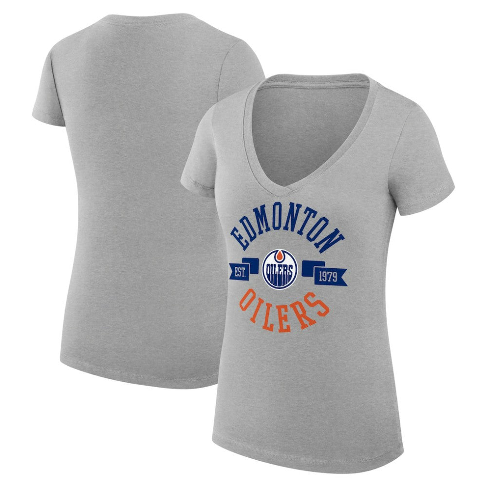 Edmonton Oilers - G-III 4Her by Carl Banks Women's Super-Slim Fit Lightweight City Graphic V-Neck T-Shirt Heather Gray