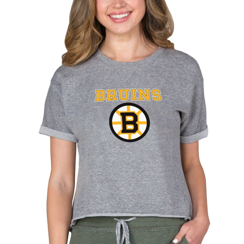 Boston Bruins Concepts Sport Women's Tri-Blend Mainstream Terry Short Sleeve Sweatshirt Top Heather Gray