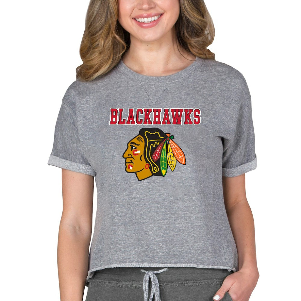Chicago Blackhawks Concepts Sport Women's Tri-Blend Mainstream Terry Short Sleeve Sweatshirt Top Heather Gray