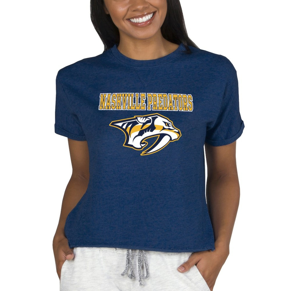 Nashville Predators - Concepts Sport Women's Tri-Blend Mainstream Terry Short Sleeve Sweatshirt Top Navy