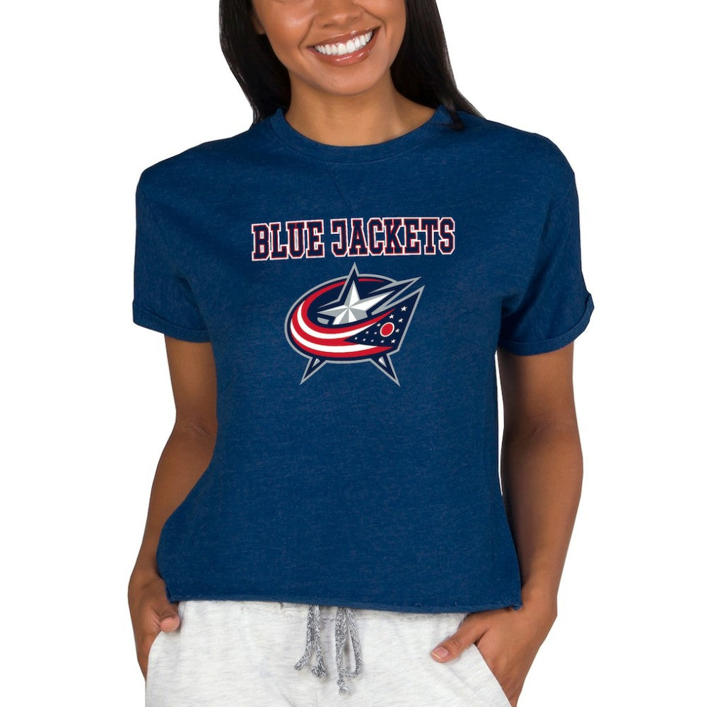 Columbus Blue Jackets - Concepts Sport Women's Tri-Blend Mainstream Terry Short Sleeve Sweatshirt Top Navy
