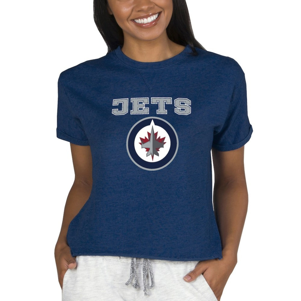 Winnipeg Jets - Concepts Sport Women's Tri-Blend Mainstream Terry Short Sleeve Sweatshirt Top Navy