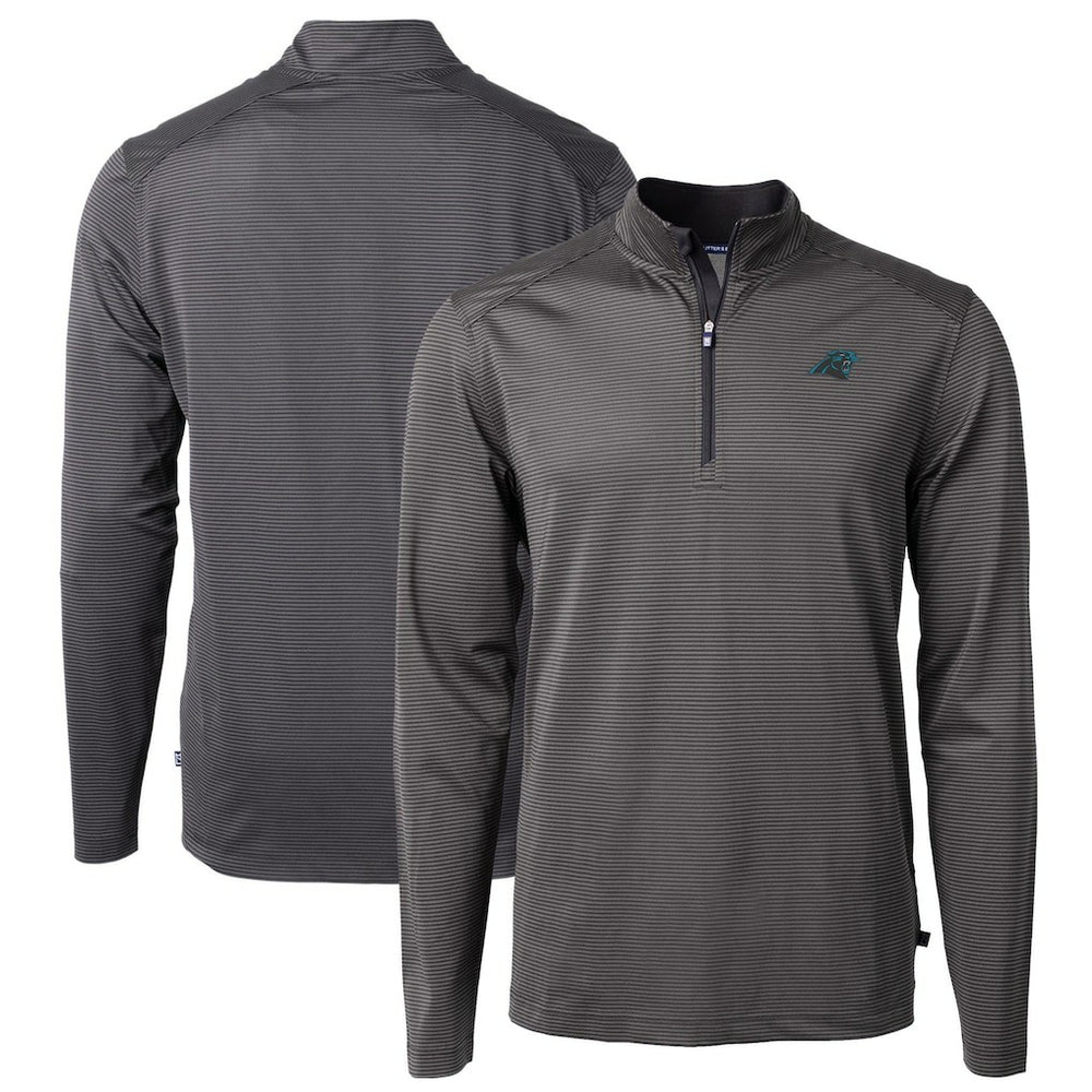 Carolina Panthers Cutter & Buck Virtue Eco Pique Micro Stripe Recycled Quarter-Zip Pullover Top Black/Gray - NFL