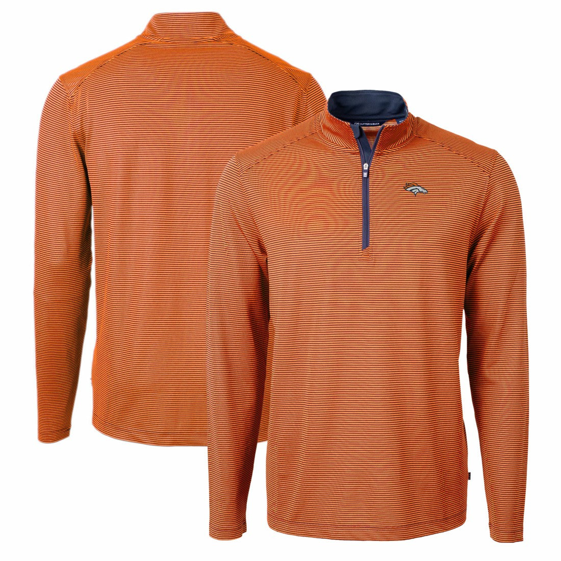 Denver Broncos Cutter & Buck Virtue Eco Pique Micro Stripe Recycled Quarter-Zip Pullover Top Orange/Navy - NFL