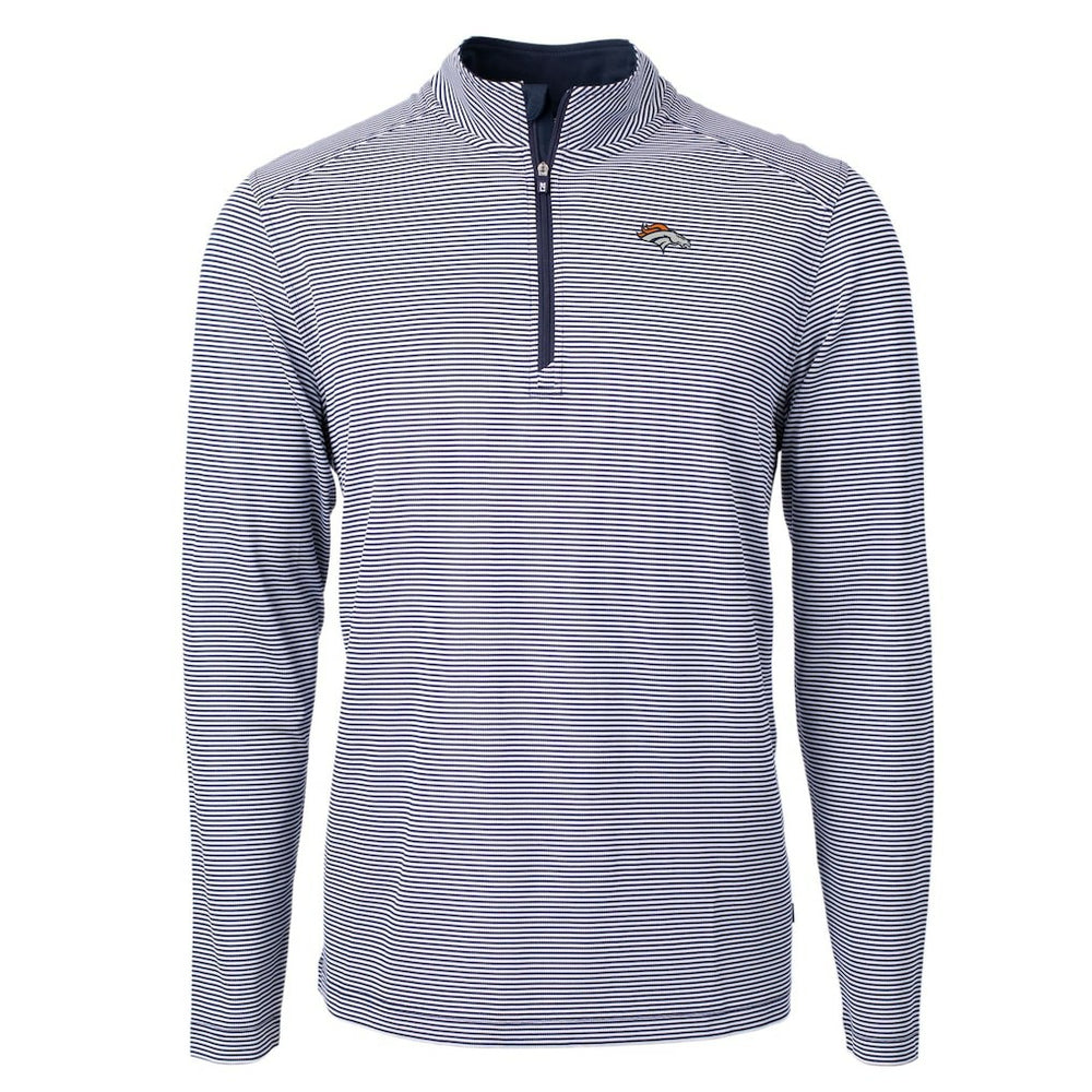 Denver Broncos Cutter & Buck Virtue Eco Pique Micro Stripe Recycled Quarter-Zip Pullover Top Navy/White - NFL