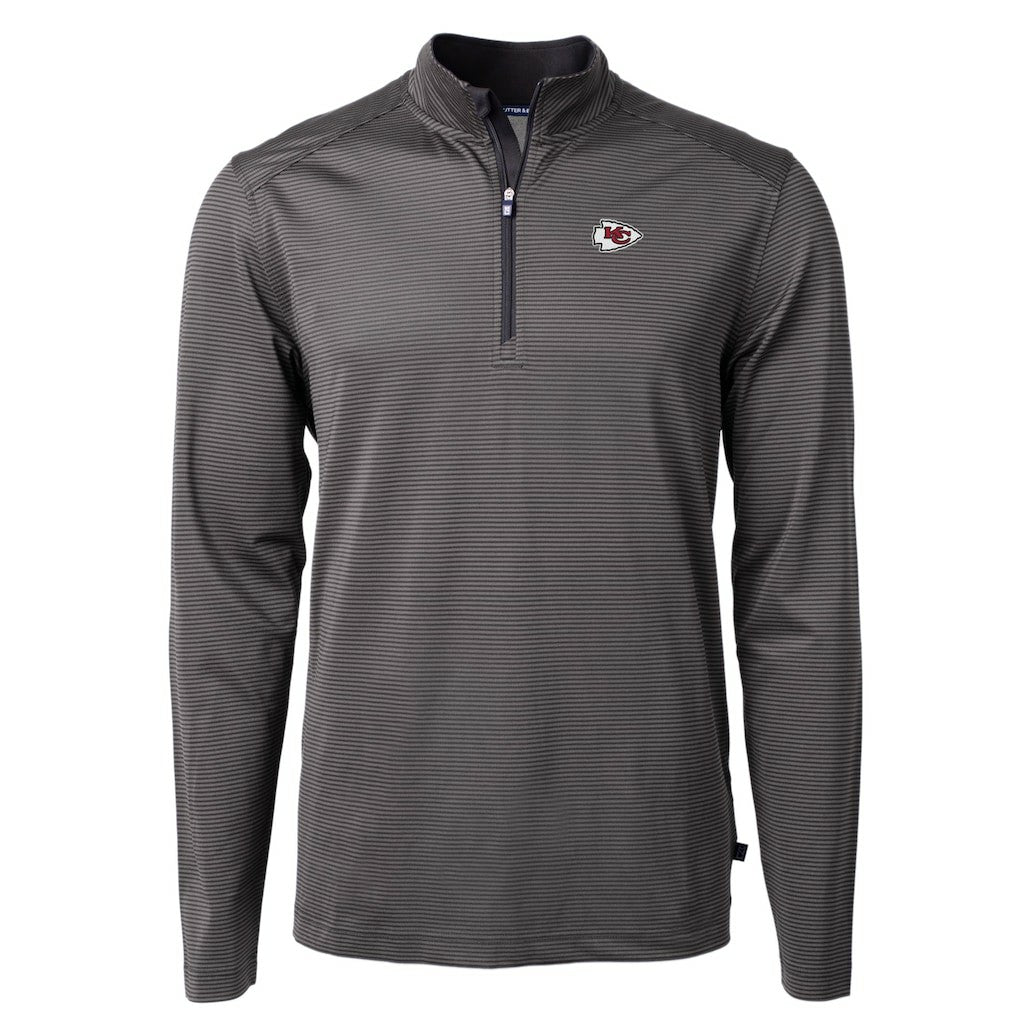 Kansas City Chiefs Cutter & Buck Virtue Eco Pique Micro Stripe Recycled Quarter-Zip Pullover Top Black/Gray - NFL
