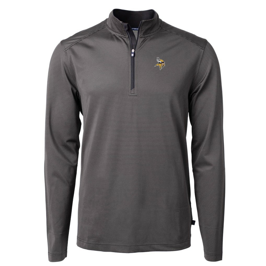 Minnesota Vikings Cutter & Buck Virtue Eco Pique Micro Stripe Recycled Quarter-Zip Pullover Top Black/Gray - NFL
