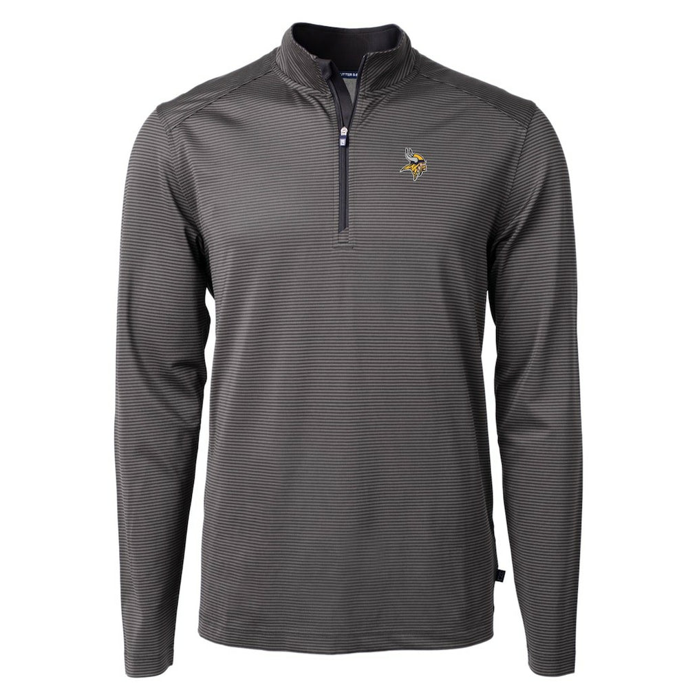 Minnesota Vikings Cutter & Buck Virtue Eco Pique Micro Stripe Recycled Quarter-Zip Pullover Top Black/Gray - NFL