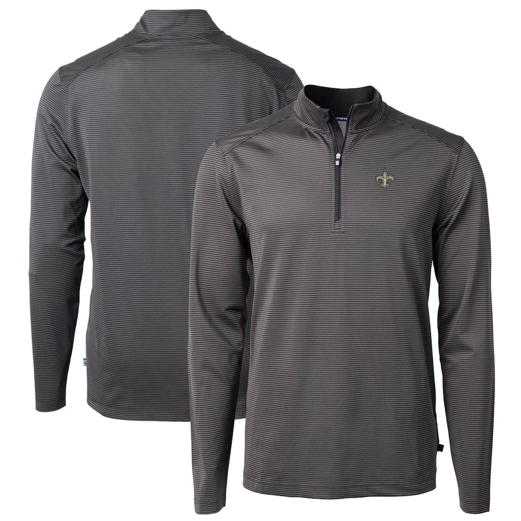 New Orleans Saints Cutter & Buck Virtue Eco Pique Micro Stripe Recycled Quarter-Zip Pullover Top Black/Gray - NFL