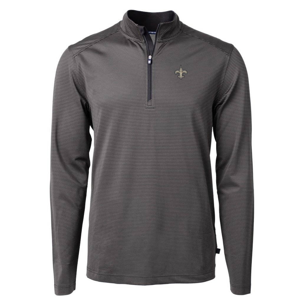 New Orleans Saints Cutter & Buck Virtue Eco Pique Micro Stripe Recycled Quarter-Zip Pullover Top Black/Gray - NFL