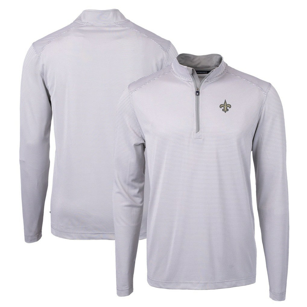 New Orleans Saints Cutter & Buck Virtue Eco Pique Micro Stripe Recycled Quarter-Zip Pullover Top Gray/White - NFL