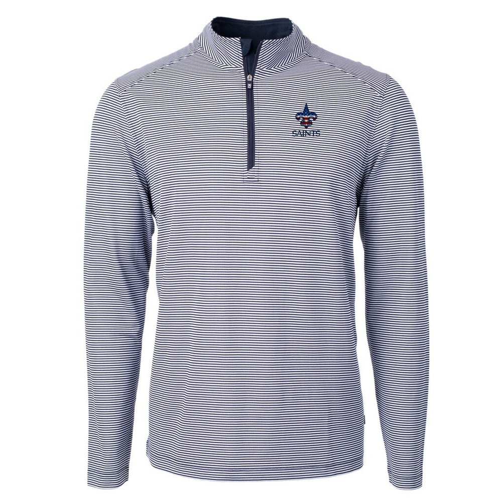 New Orleans Saints Cutter & Buck Virtue Eco Pique Micro Stripe Recycled Quarter-Zip Pullover Top Navy/White - NFL