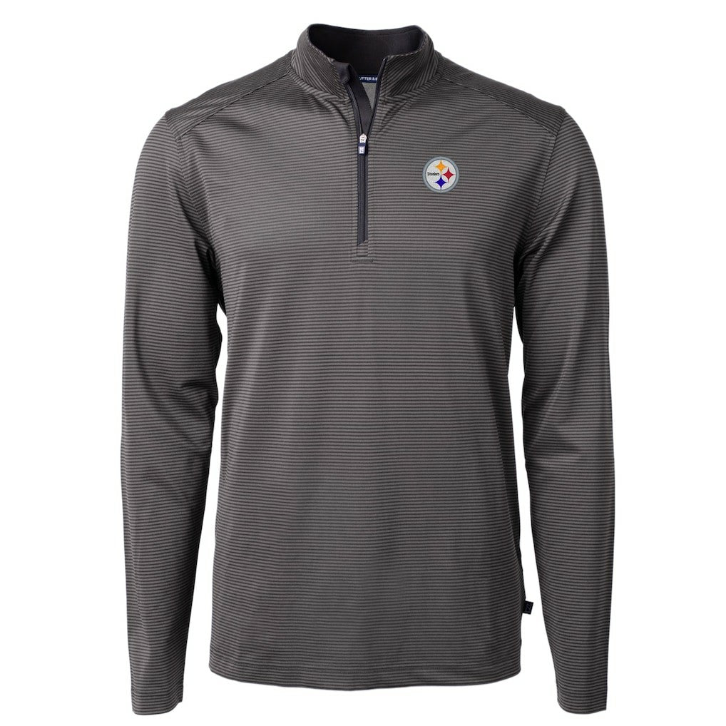 Pittsburgh Steelers Cutter & Buck Virtue Eco Pique Micro Stripe Recycled Quarter-Zip Pullover Top Black/Gray - NFL