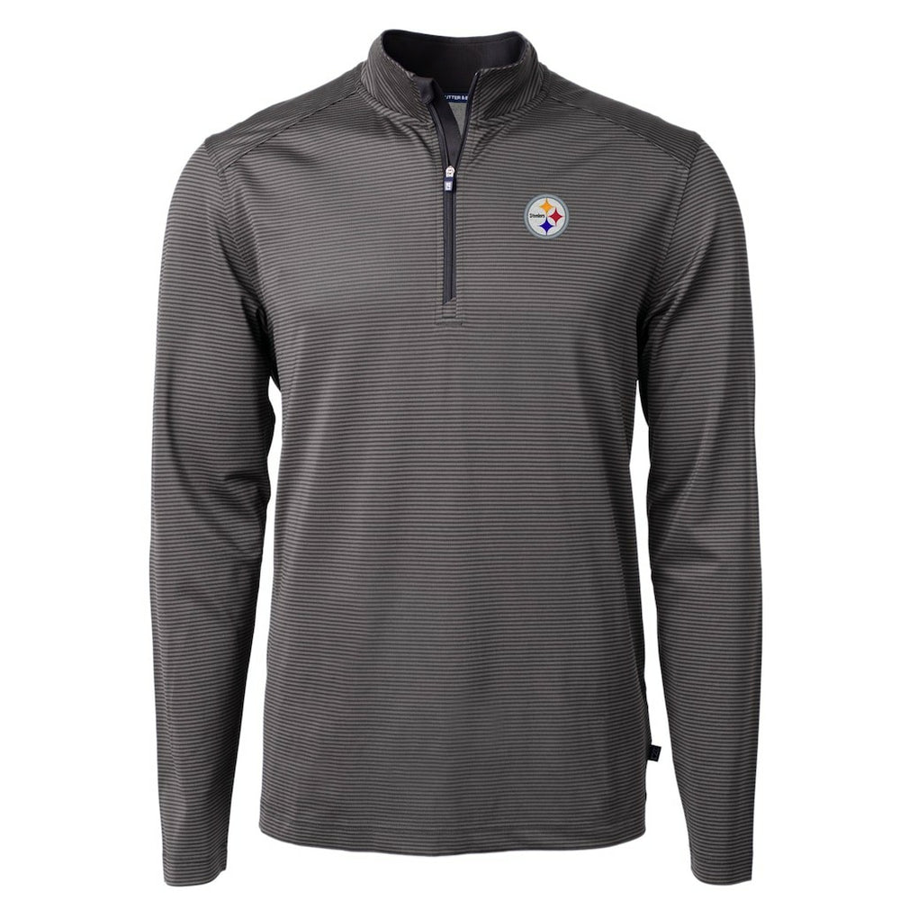 Pittsburgh Steelers Cutter & Buck Virtue Eco Pique Micro Stripe Recycled Quarter-Zip Pullover Top Black/Gray - NFL