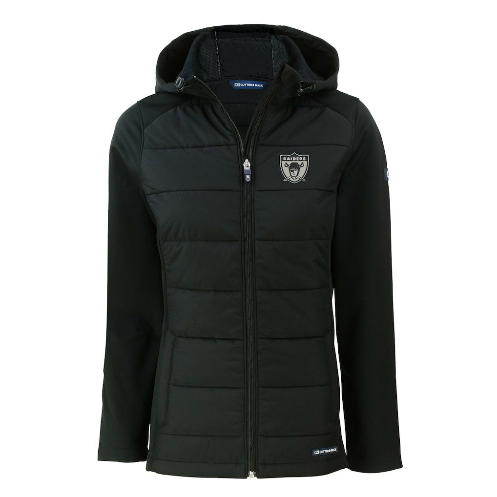 Las Vegas Raiders Cutter & Buck Women's Throwback Evoke Hybrid Eco Softshell Recycled Full-Zip Hoodie Jacket Black - NFL