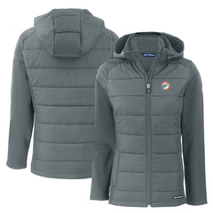 Miami Dolphins Cutter & Buck Women's Throwback Evoke Hybrid Eco Softshell Recycled Full-Zip Hoodie Jacket Gray - NFL