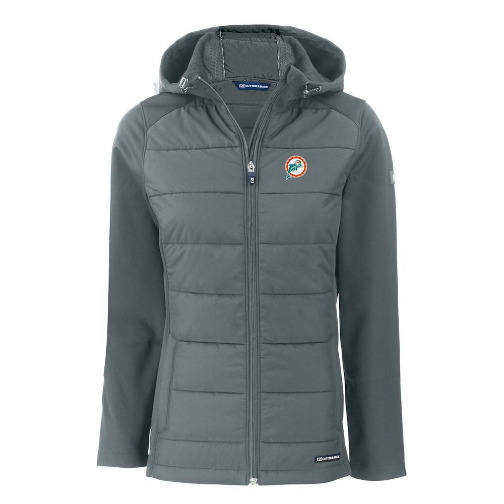 Miami Dolphins Cutter & Buck Women's Throwback Evoke Hybrid Eco Softshell Recycled Full-Zip Hoodie Jacket Gray - NFL