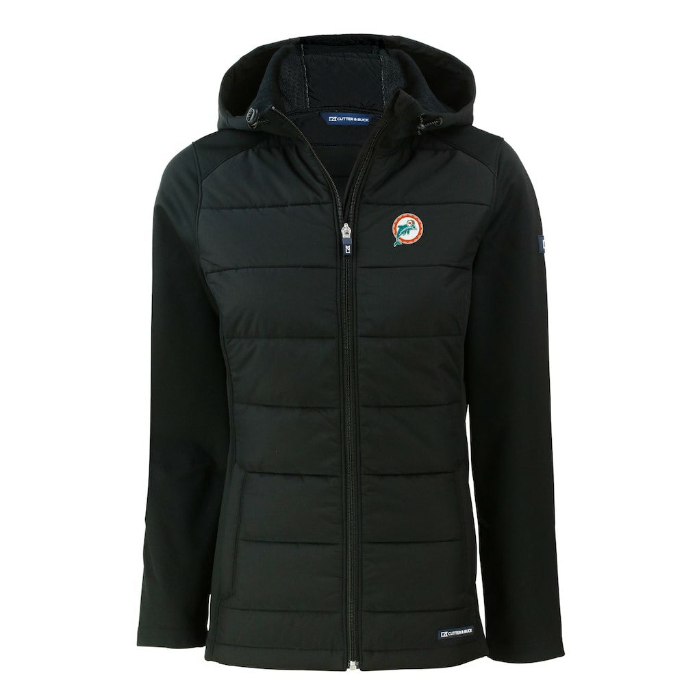 Miami Dolphins Cutter & Buck Women's Throwback Evoke Hybrid Eco Softshell Recycled Full-Zip Hoodie Jacket Black - NFL