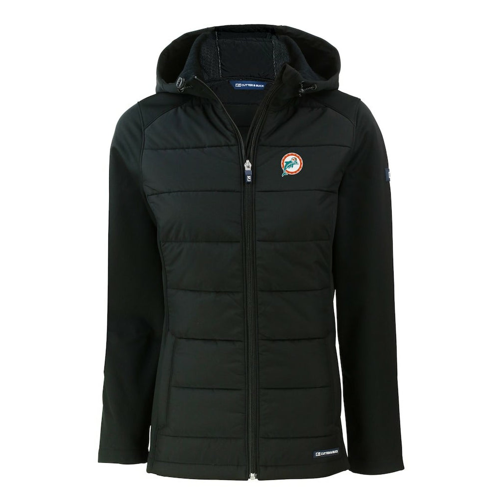 Miami Dolphins Cutter & Buck Women's Throwback Evoke Hybrid Eco Softshell Recycled Full-Zip Hoodie Jacket Black - NFL
