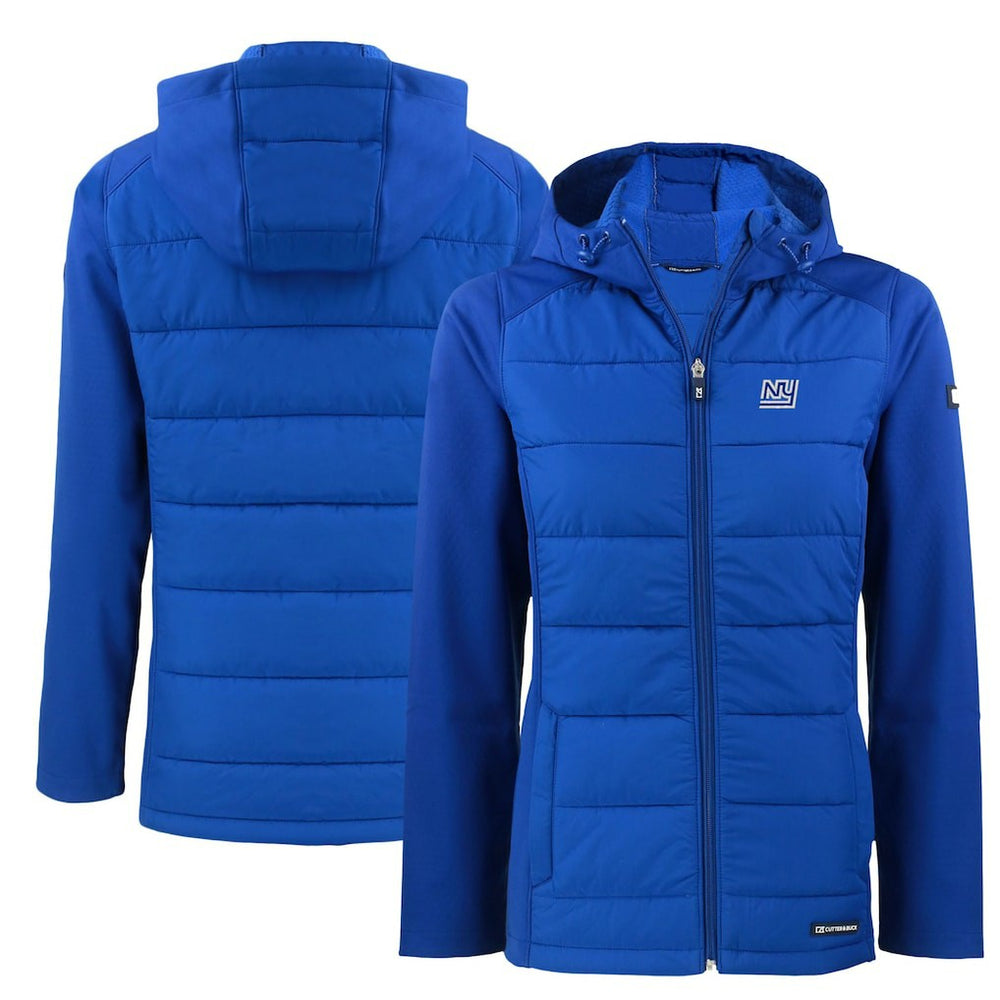 New York Giants Cutter & Buck Women's Throwback Evoke Hybrid Eco Softshell Recycled Full-Zip Hoodie Jacket Royal - NFL