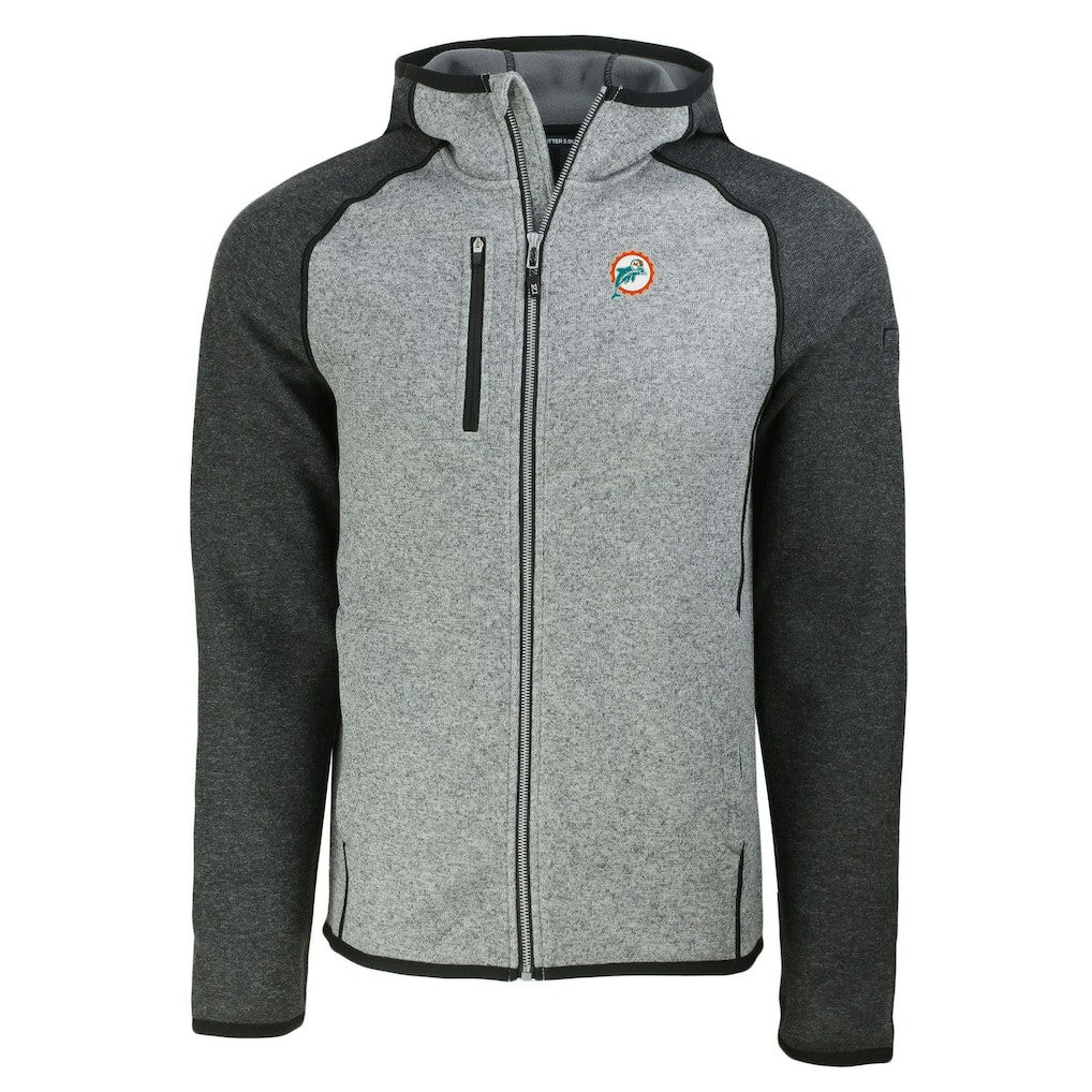 Miami Dolphins Cutter & Buck Throwback Mainsail Sweater-Knit Full-Zip Hoodie Heather Gray/Heather Charcoal - NFL