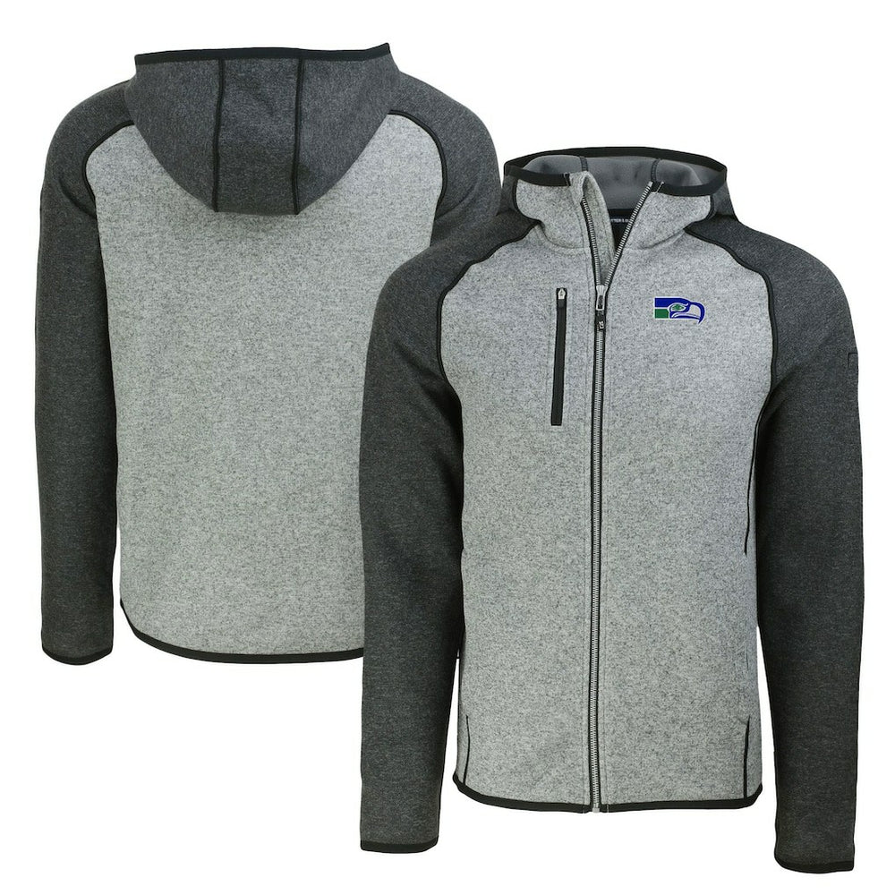 Seattle Seahawks Cutter & Buck Throwback Mainsail Sweater-Knit Full-Zip Hoodie Heather Gray/Heather Charcoal - NFL
