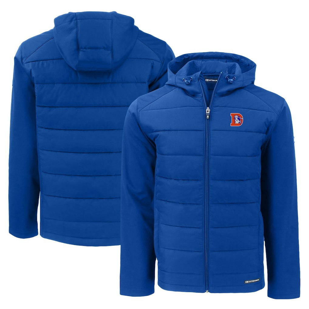 Denver Broncos Cutter & Buck Throwback Evoke Hybrid Eco Softshell Recycled Full-Zip Hoodie Jacket Royal - NFL