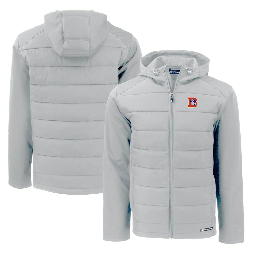Denver Broncos Cutter & Buck Throwback Evoke Hybrid Eco Softshell Recycled Full-Zip Hoodie Jacket Gray - NFL