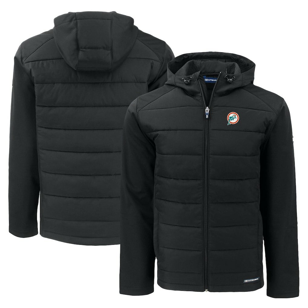 Miami Dolphins Cutter & Buck Throwback Evoke Hybrid Eco Softshell Recycled Full-Zip Hoodie Jacket Black - NFL