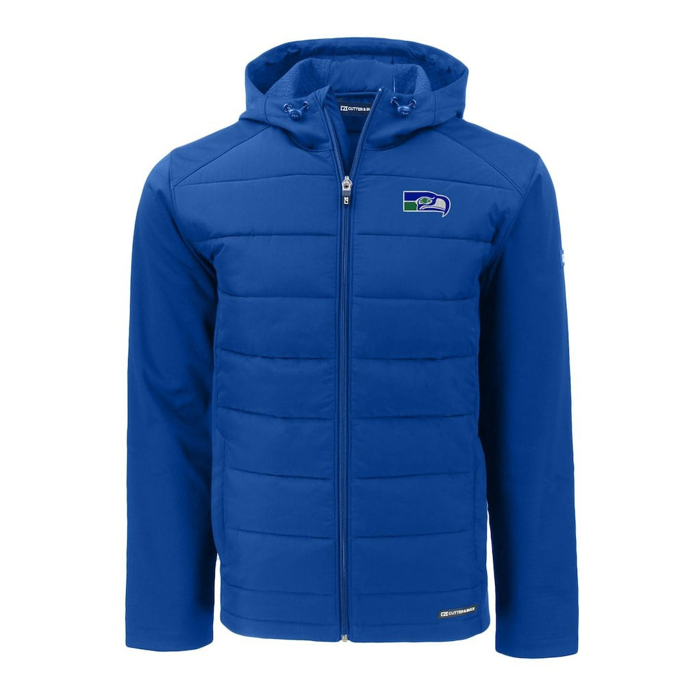 Seattle Seahawks Cutter & Buck Throwback Evoke Hybrid Eco Softshell Recycled Full-Zip Hoodie Jacket Royal - NFL
