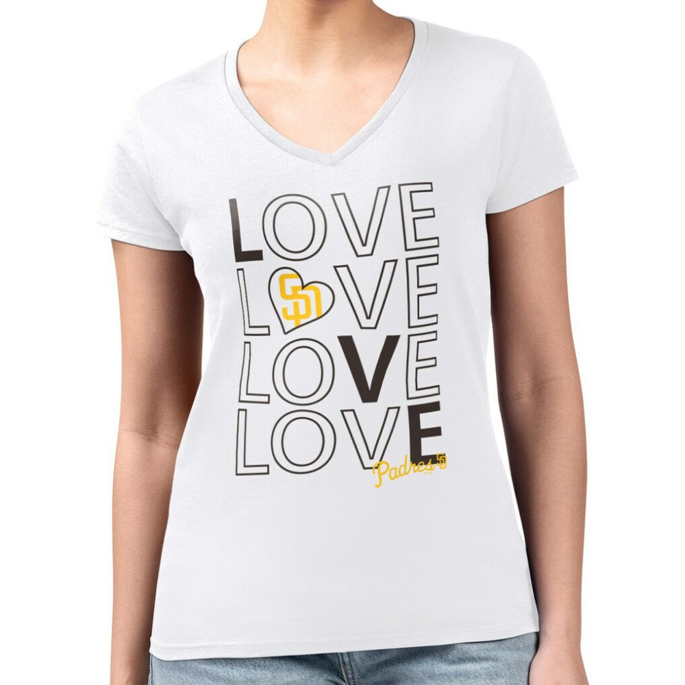 San Diego Padres G-III 4Her by Carl Banks Women's Super-Slim Fit Lightweight Love Graphic Team V-Neck T-Shirt Lifestyle