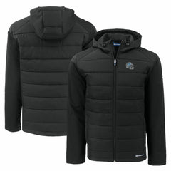 Detroit Lions Cutter & Buck Helmet Evoke Hybrid Eco Softshell Recycled Full-Zip Hoodie Jacket Black - NFL
