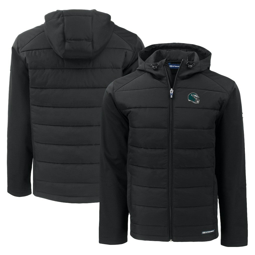 Philadelphia Eagles Cutter & Buck Helmet Evoke Hybrid Eco Softshell Recycled Full-Zip Hoodie Jacket Black - NFL