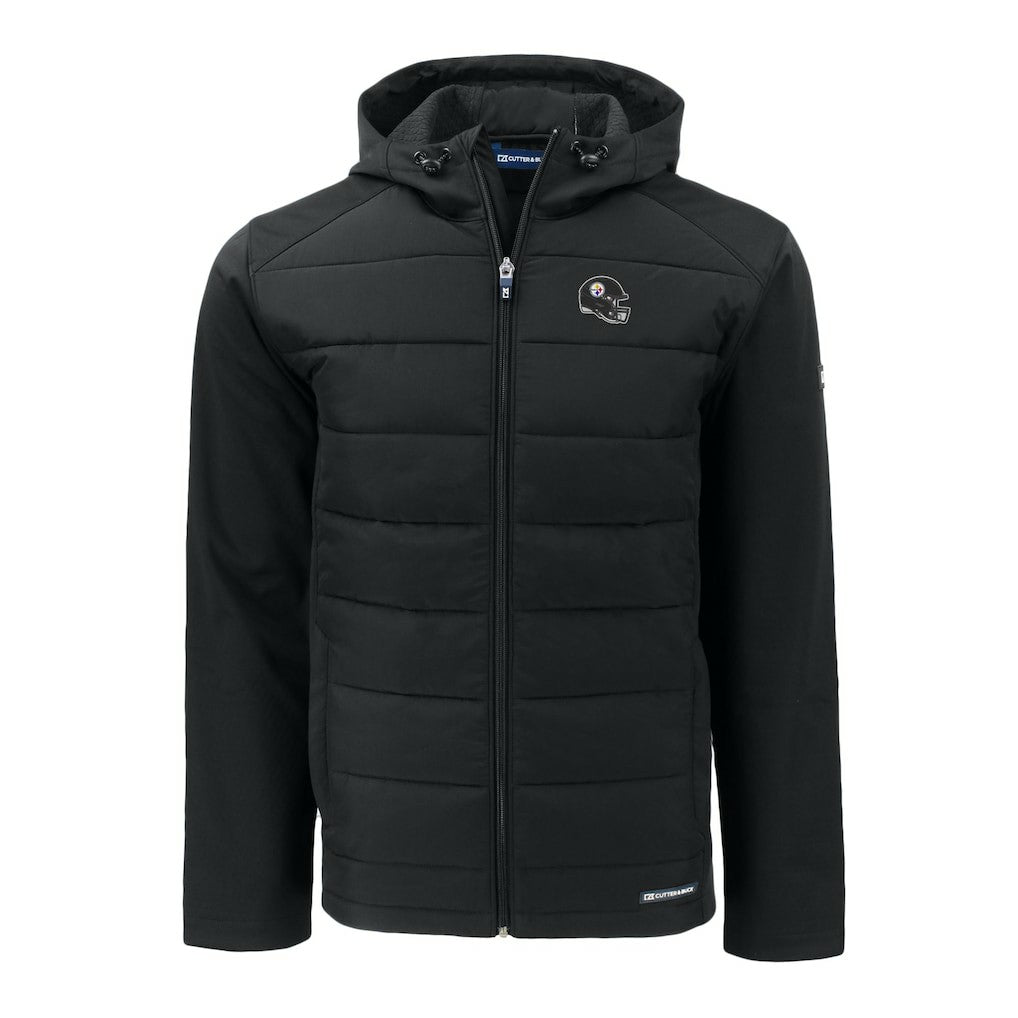 Pittsburgh Steelers Cutter & Buck Helmet Evoke Hybrid Eco Softshell Recycled Full-Zip Hoodie Jacket Black - NFL