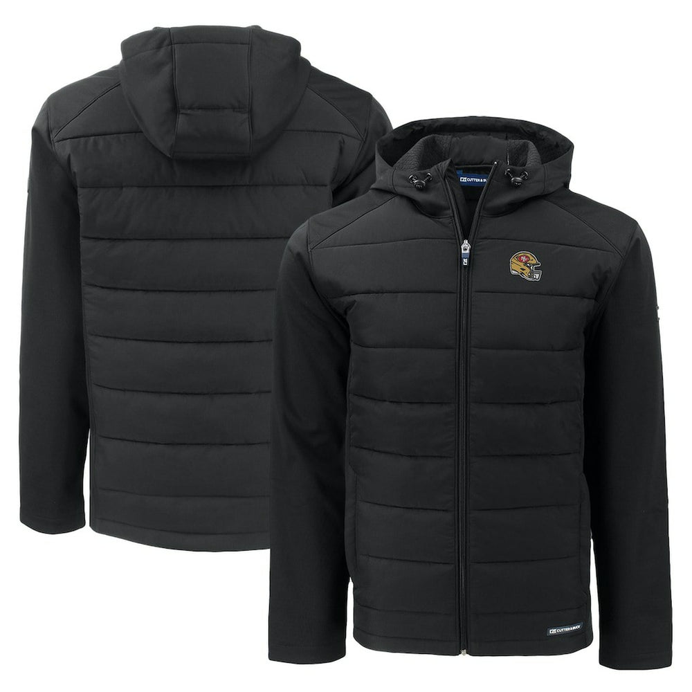 San Francisco 49ers Cutter & Buck Helmet Evoke Hybrid Eco Softshell Recycled Full-Zip Hoodie Jacket Black - NFL