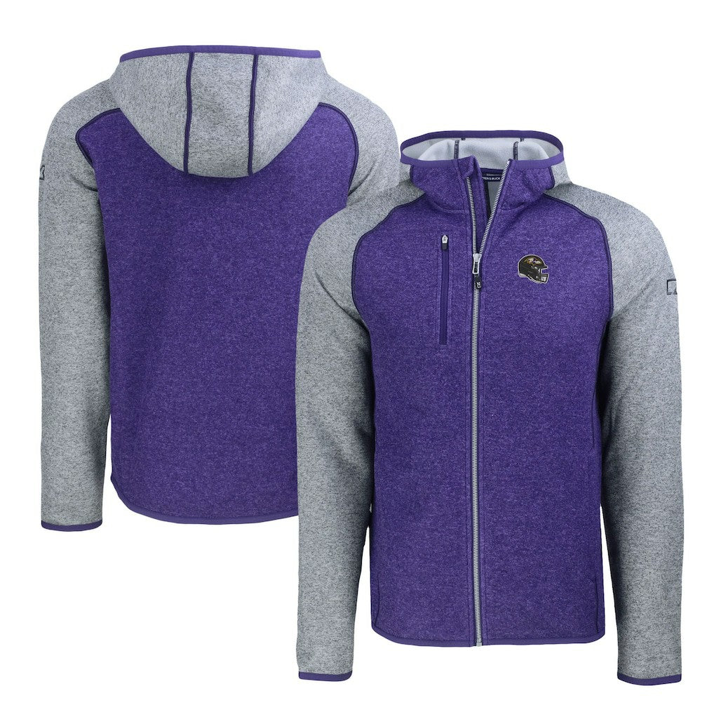Baltimore Ravens Cutter & Buck Helmet Mainsail Sweater-Knit Full-Zip Hoodie Heather Purple/Heather Gray - NFL