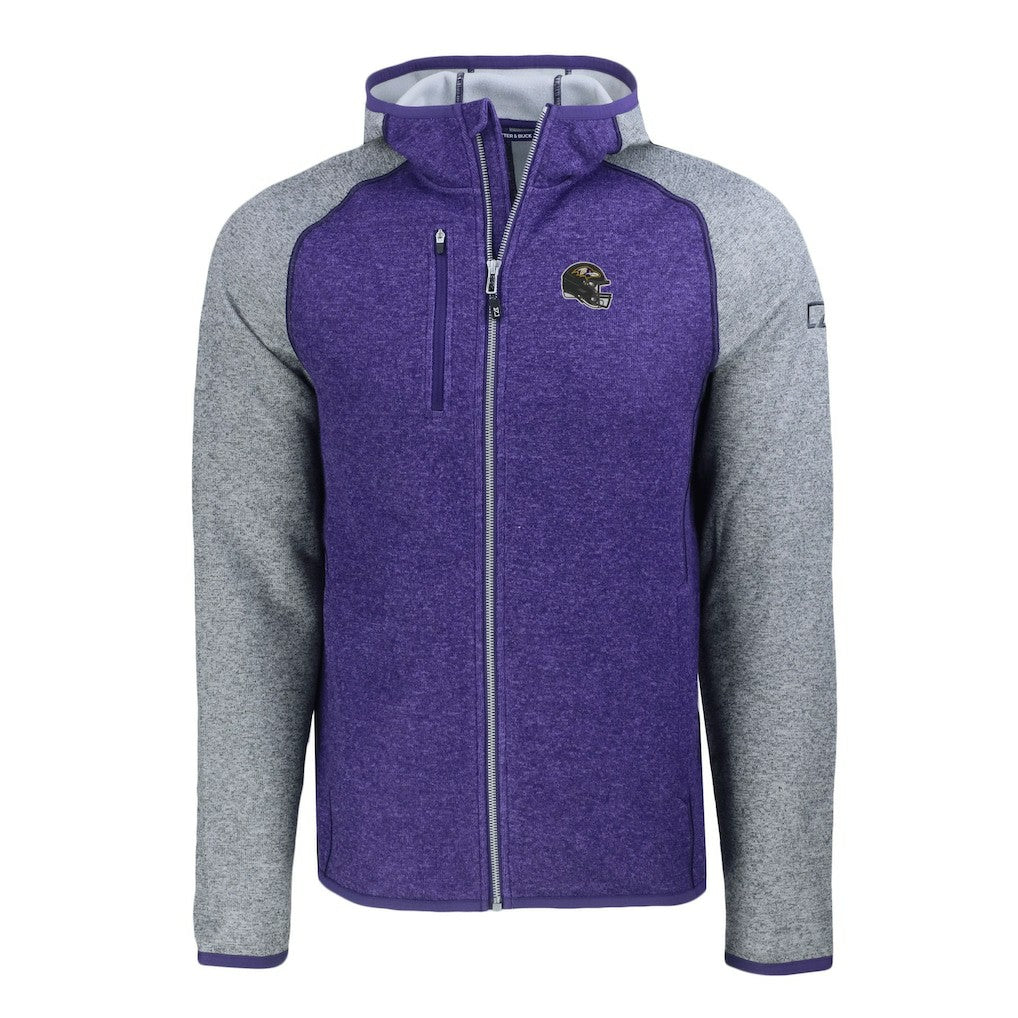 Baltimore Ravens Cutter & Buck Helmet Mainsail Sweater-Knit Full-Zip Hoodie Heather Purple/Heather Gray - NFL