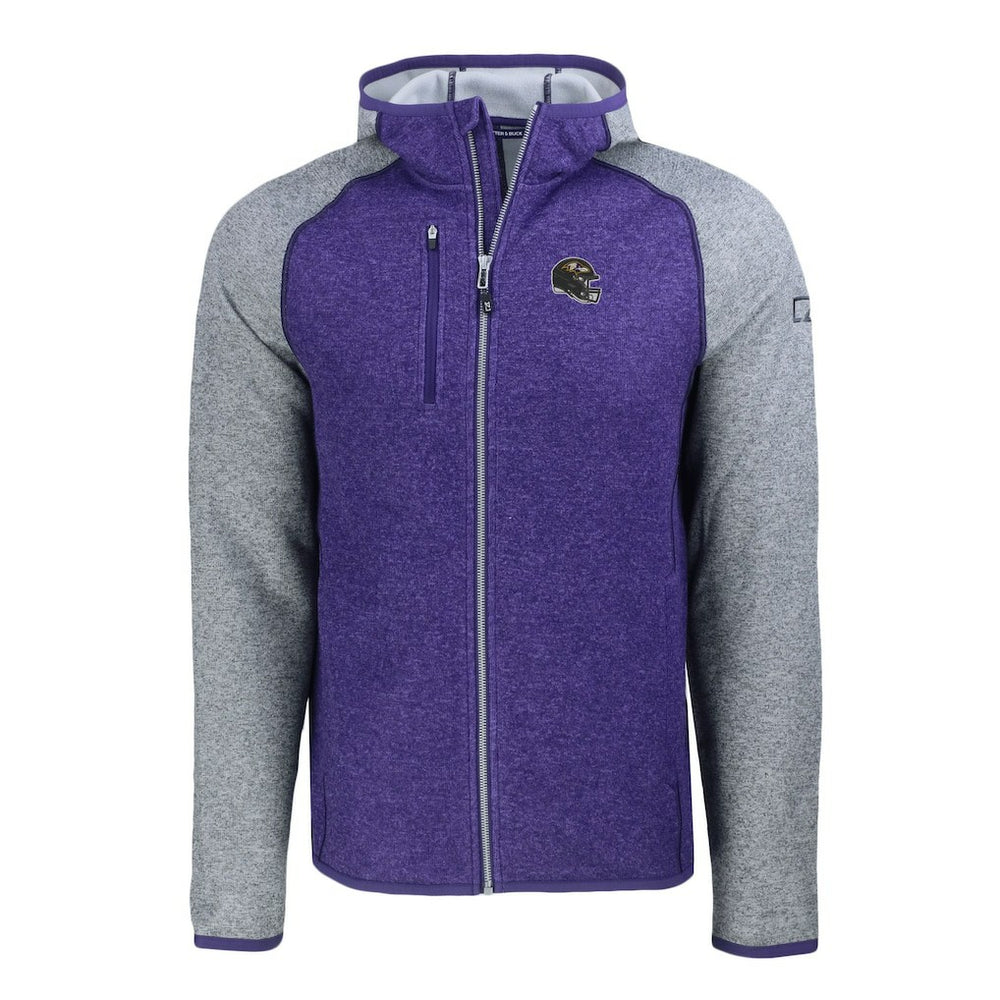 Baltimore Ravens Cutter & Buck Helmet Mainsail Sweater-Knit Full-Zip Hoodie Heather Purple/Heather Gray - NFL