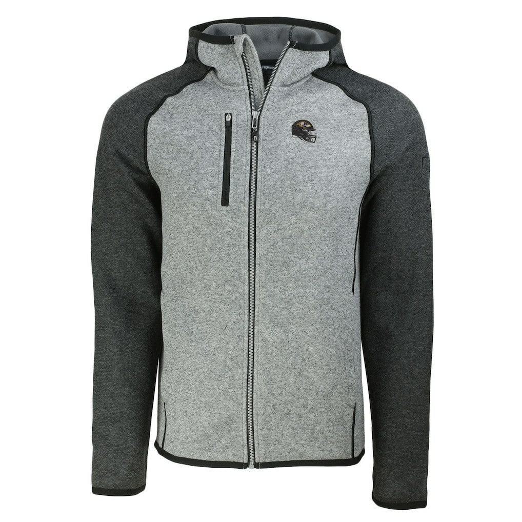 Baltimore Ravens Cutter & Buck Helmet Mainsail Sweater-Knit Full-Zip Hoodie Heather Gray/Heather Charcoal - NFL