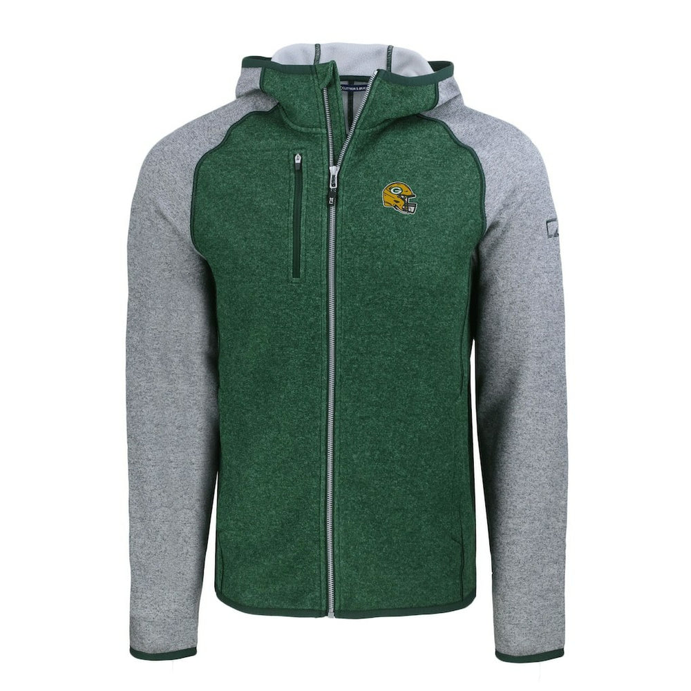 Green Bay Packers Cutter & Buck Helmet Mainsail Sweater-Knit Full-Zip Hoodie Heather Green/Heather Gray - NFL