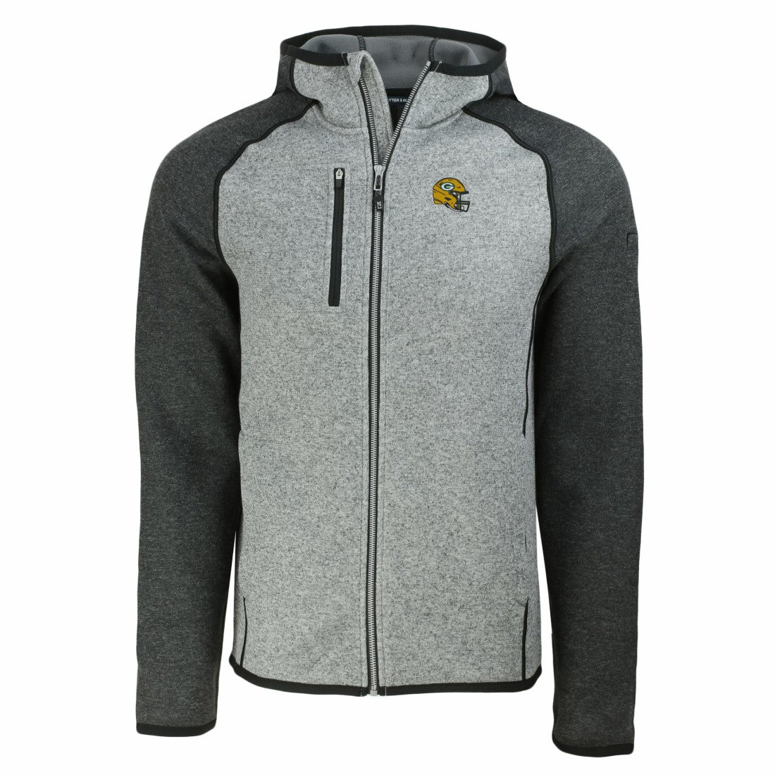 Green Bay Packers Cutter & Buck Helmet Mainsail Sweater-Knit Full-Zip Hoodie Heather Gray/Heather Charcoal - NFL