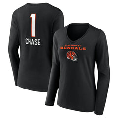 Ja'Marr Chase Cincinnati Bengals Women's Team Wordmark Player Name & Number Long Sleeve V-Neck T-Shirt Black - NFL