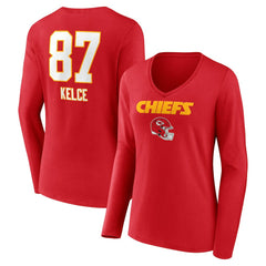 Travis Kelce Kansas City Chiefs Women's Team Wordmark Player Name & Number Long Sleeve V-Neck T-Shirt Red - NFL