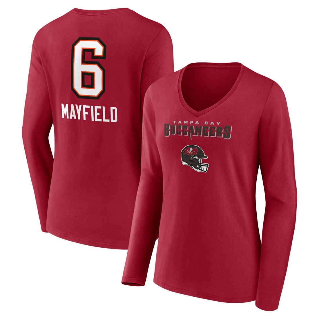 Baker Mayfield Tampa Bay Buccaneers Women's Team Wordmark Player Name & Number Long Sleeve V-Neck T-Shirt Red - NFL