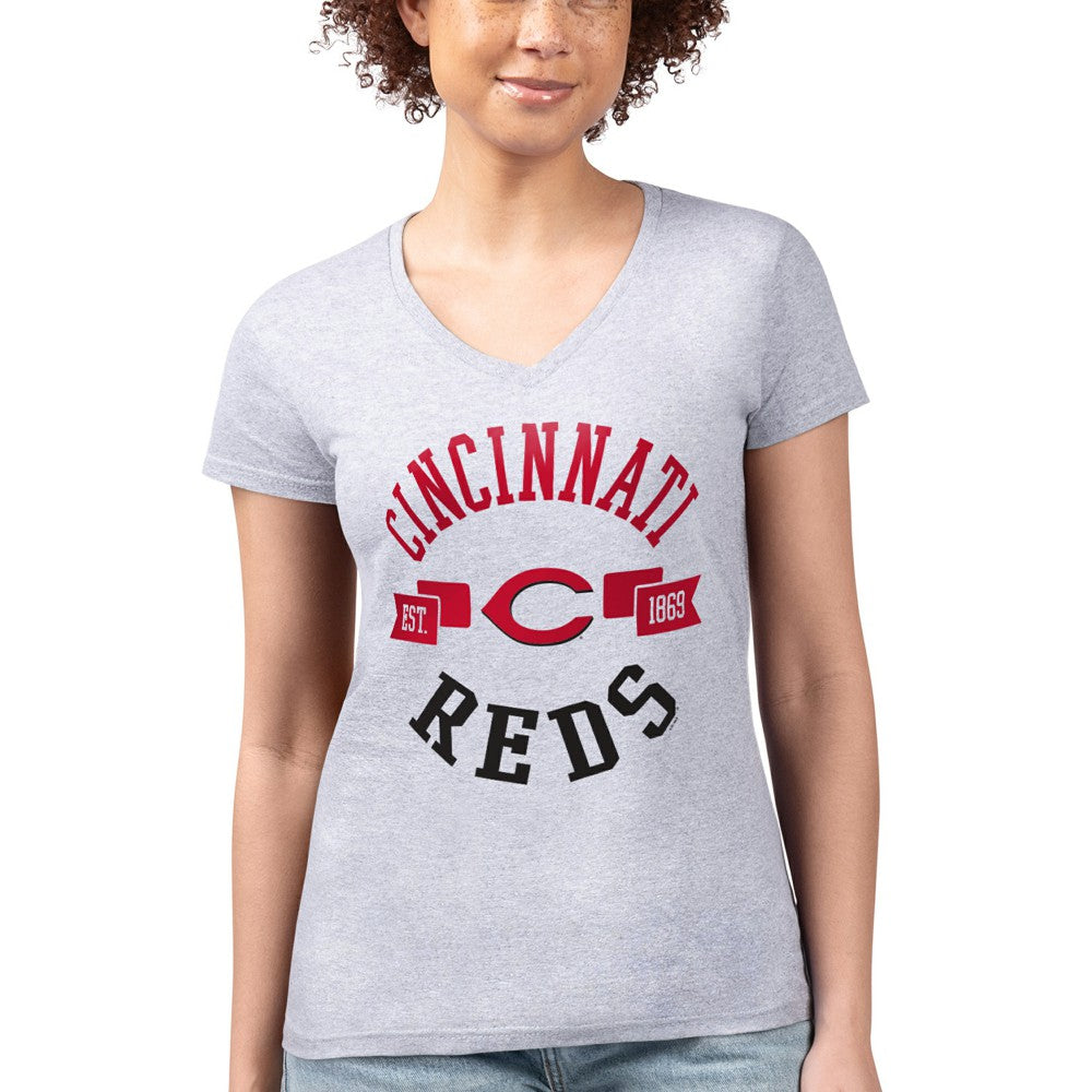 Cincinnati Reds G-III 4Her by Carl Banks Women's Super-Slim Fit Lightweight City Graphic V-Neck T-Shirt On Sale